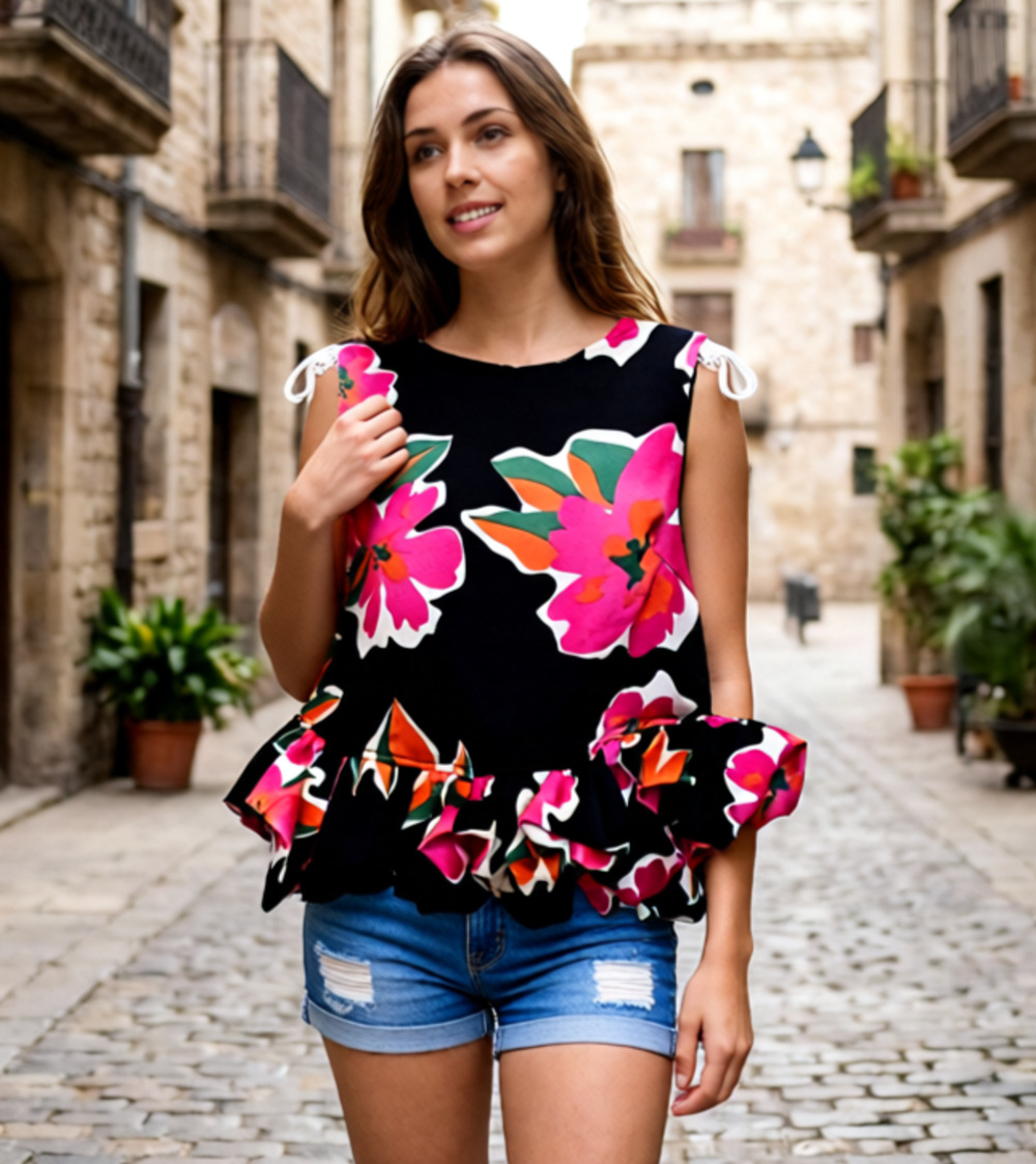 NWT Entero Vibrant Floral Crop top with Ruffles S